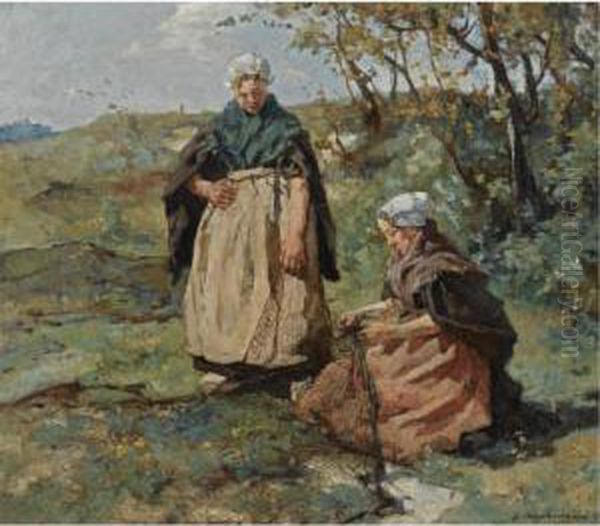 Mending The Nets Oil Painting by Johannes Evert Akkeringa