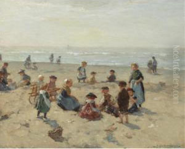 A Sunny Day At The Beach Oil Painting by Johannes Evert Akkeringa