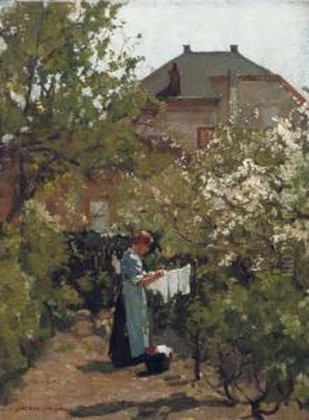 Wasch Droog In Tuintje: In The Garden Oil Painting by Johannes Evert Akkeringa