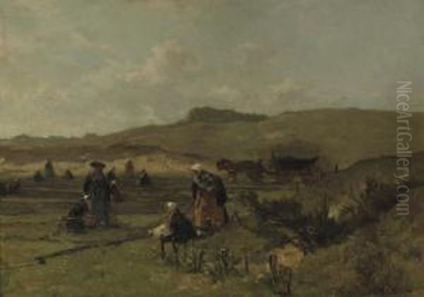 Mending The Nets In The Dunes Of Scheveningen Oil Painting by Johannes Evert Akkeringa