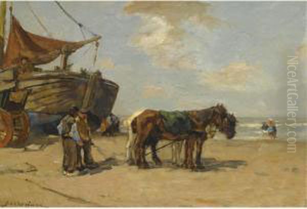 Figures Near A Bomschuit On The Beach Oil Painting by Johannes Evert Akkeringa