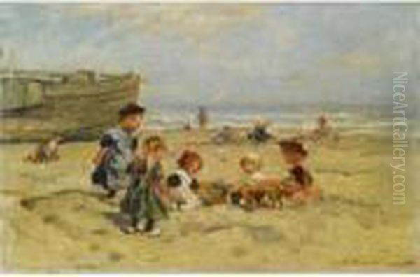 Children At Play On The Beach In Zeeland Oil Painting by Johannes Evert Akkeringa