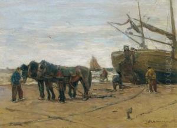 Towhorses On The Beach Oil Painting by Johannes Evert Akkeringa