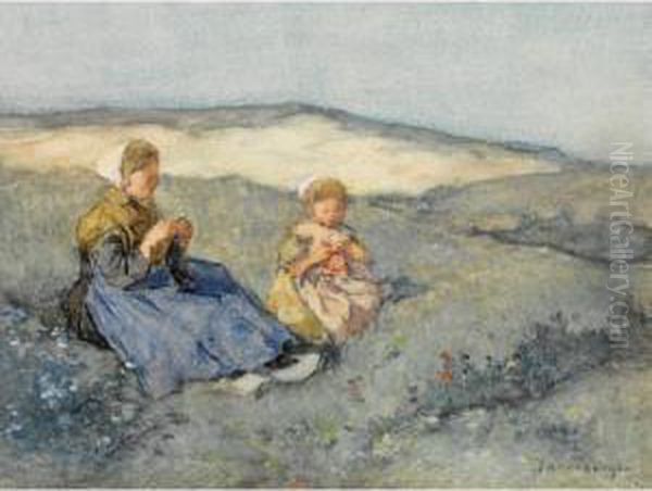 Two Sisters In The Dunes Oil Painting by Johannes Evert Akkeringa