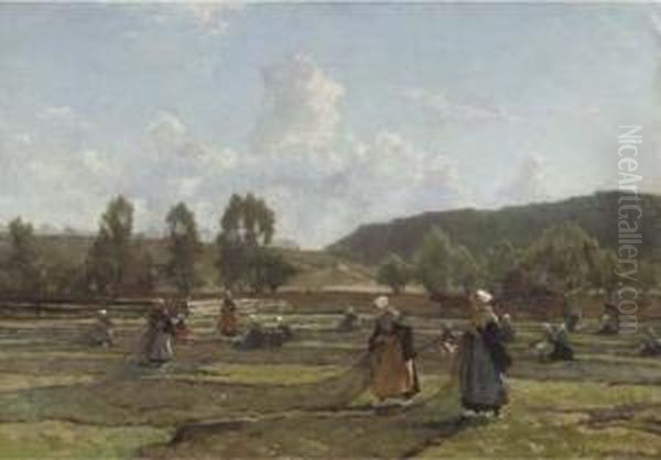 Mending Fishing Nets In The Dunes, Scheveningen Oil Painting by Johannes Evert Akkeringa