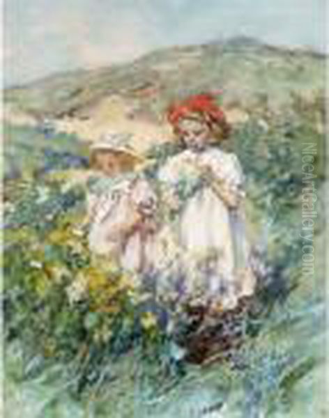 Two Girls Picking Flowers In The Dunes Oil Painting by Johannes Evert Akkeringa