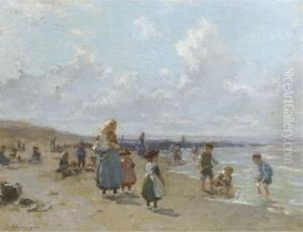 In De Vakantiedagen: Children Playing On The Beach In Summer Oil Painting by Johannes Evert Akkeringa