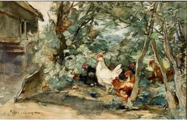 Chickens On A Yard Oil Painting by Johannes Evert Akkeringa