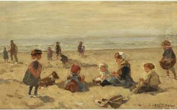 Children Playing On The Beach Oil Painting by Johannes Evert Akkeringa