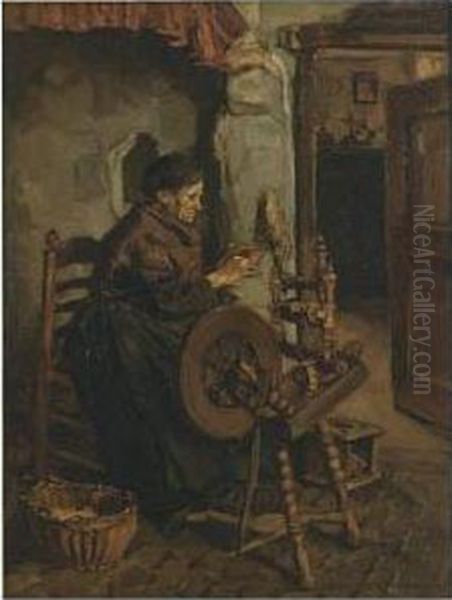 A Peasant Woman At A Spinning Weel Oil Painting by Johannes Evert Akkeringa