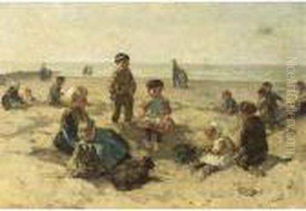 Children Playing On The Beach Oil Painting by Johannes Evert Akkeringa