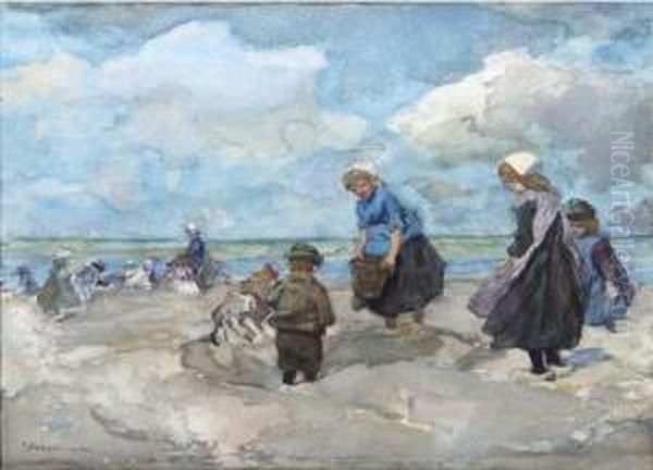 Young Shell Seekers On The Beach Oil Painting by Johannes Evert Akkeringa