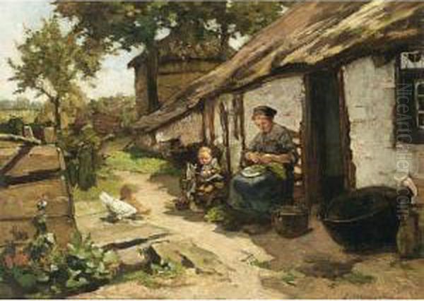 A Peasant Woman In A Kitchen Yard Oil Painting by Johannes Evert Akkeringa