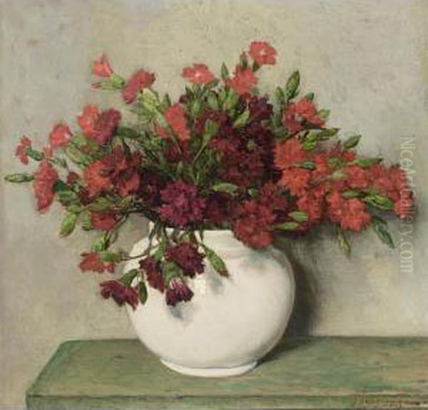 A Still Life With Red Carnations In A Vase Oil Painting by Johannes Evert Akkeringa