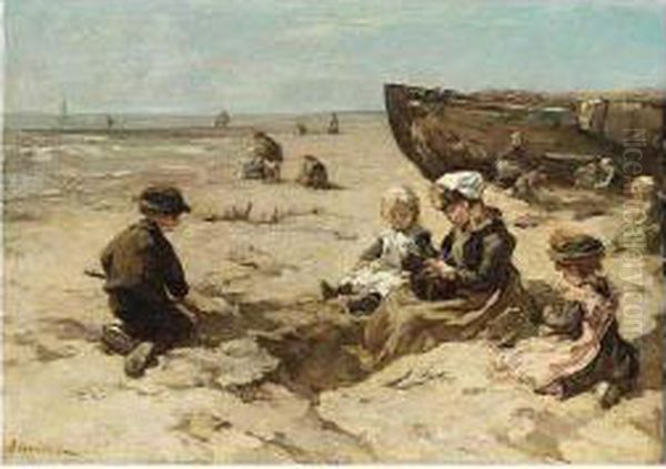 Children Playing On The Beach Oil Painting by Johannes Evert Akkeringa