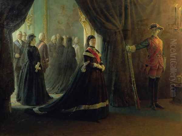 Catherine II (1729-96) at the Coffin of Empress Elizabeth (1709-61), 1874 Oil Painting by Nikolai Nikolaevich Ge