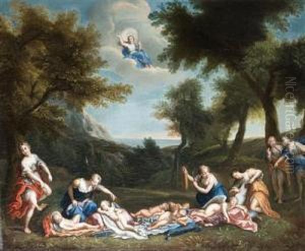 Amor Entwaffnet Von Den Nymphen Der Diana Oil Painting by Francesco Albani