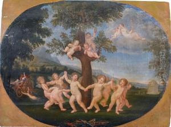 Putti Dancing Before A Tree, Within A Paintedoval Oil Painting by Francesco Albani