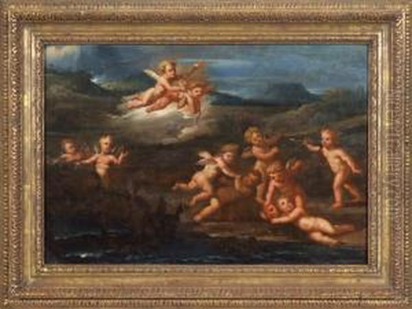 Cupids Playing In Landscape Oil Painting by Francesco Albani