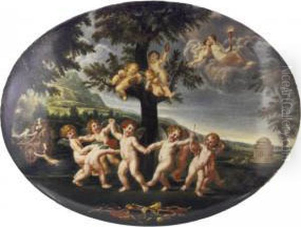 Porcelain Oval Plaque Oil Painting by Francesco Albani