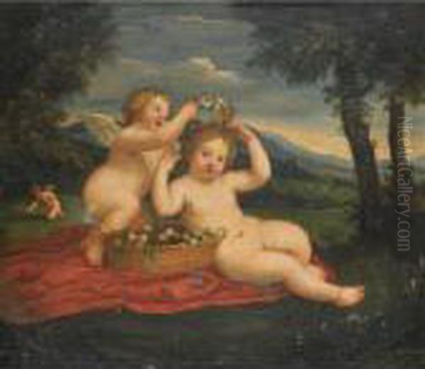 The Infant Cupid Placing A Garland Of Flowers On The Head Of The Infant Venus Oil Painting by Francesco Albani