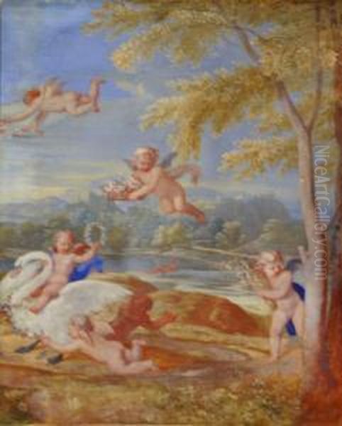 Cupids With A Swan In A Landscape Oil Painting by Francesco Albani