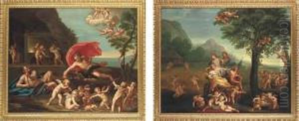 An Allegory Of Fire: Jupiter At 
The Forge Of Vulcan; And Anallegory Of Earth: Flora, Ceres, Berecinta 
And Bacchus Oil Painting by Francesco Albani