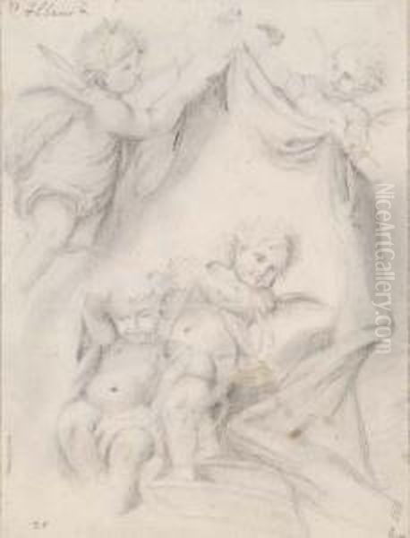 Study Of Cherubs Holding A Drapery Oil Painting by Francesco Albani