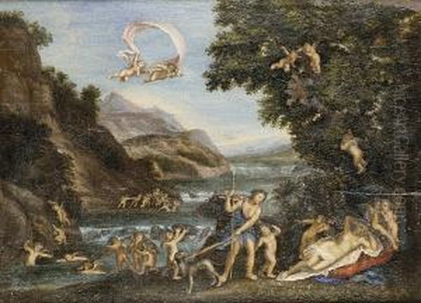 Venus And Adonis; Together With, Diana's Nymphs Disarming Sleeping Cupids Oil Painting by Francesco Albani