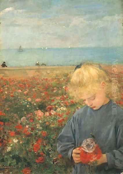 Fillette dans un champ de coquelicots Oil Painting by Henri Gervex