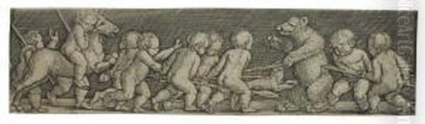 Frieze With Putti On A Bear Hunt Oil Painting by Heinrich Aldegrever