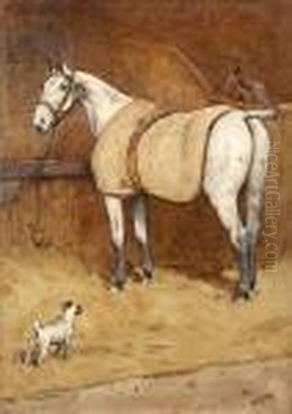 Horse And Terrier In A Stable Interior Oil Painting by Cecil Charles Aldin