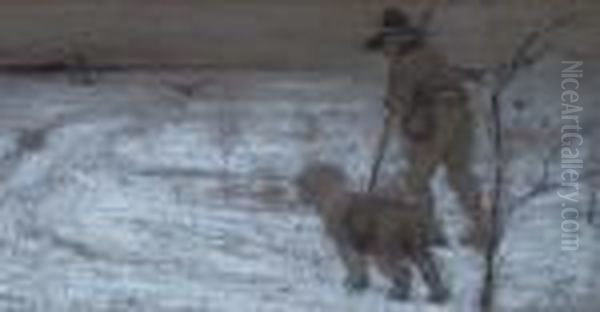 A Man And His Dog In A Snow Filled Landscape Oil Painting by Cecil Charles Aldin