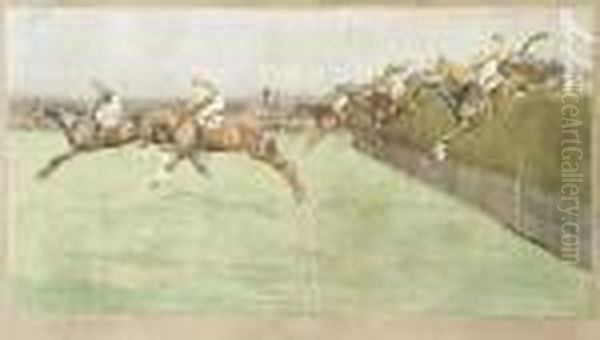 The Grand National; No. 4 The 
Canal Turn & No. 2 Beecher'sbrook & No. 3 Valentines. Oil Painting by Cecil Charles Aldin