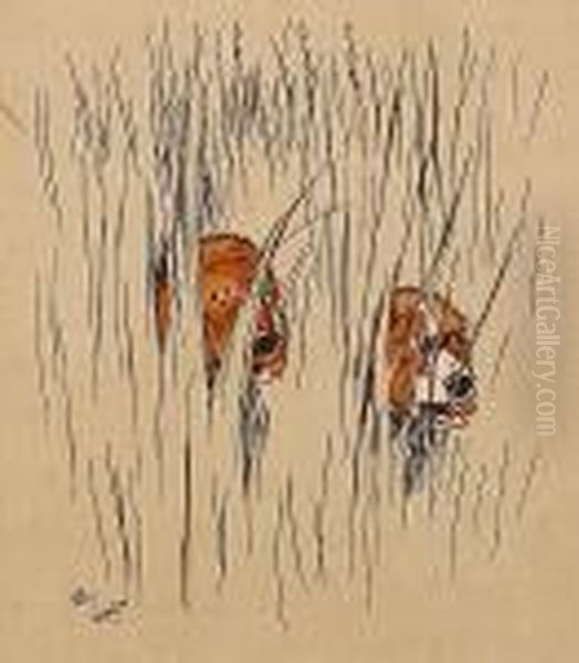 Two Dogs Peering Out Through Tall Grass Oil Painting by Cecil Charles Aldin