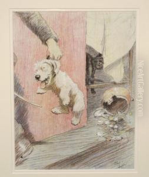 Gentleman Holding A West Highland Terrier, With A Cat Looking On Oil Painting by Cecil Charles Aldin