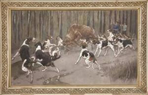 Hallali De Cerf A L'equipage Du Comte De Valon, Foret D'halatte Oil Painting by Cecil Charles Aldin