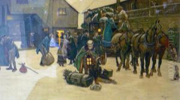 The Christmas Coach, The Arrival At The Inn Oil Painting by Cecil Charles Aldin