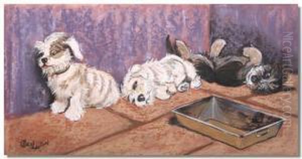 Puppies Playing By A Baking Tin Oil Painting by Cecil Charles Aldin