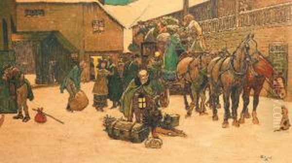 The Christmas Coach, The Arrival At The Inn Oil Painting by Cecil Charles Aldin