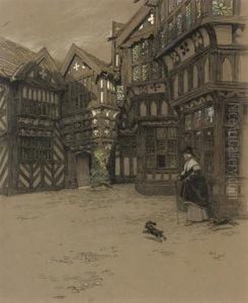 A Servant And Her Dogs Waiting Outside Moreton Old Hall,cheshire Oil Painting by Cecil Charles Aldin