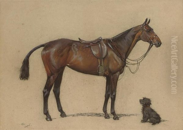 A Saddled Bay Hunter And A Terrier Companion Oil Painting by Cecil Charles Aldin