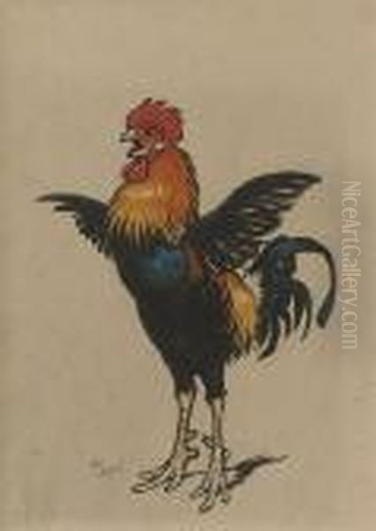 A Cockerel In Readiness To Crow Oil Painting by Cecil Charles Aldin