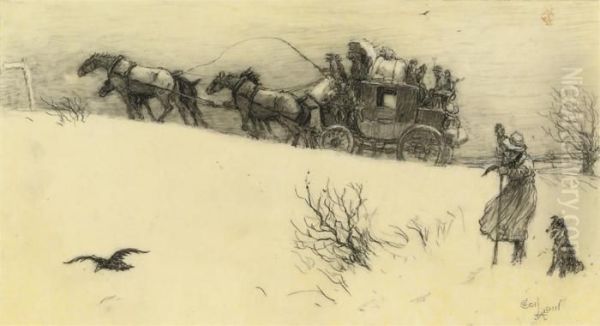 The Stagecoach Struggling Up A Snowy Hill Oil Painting by Cecil Charles Aldin