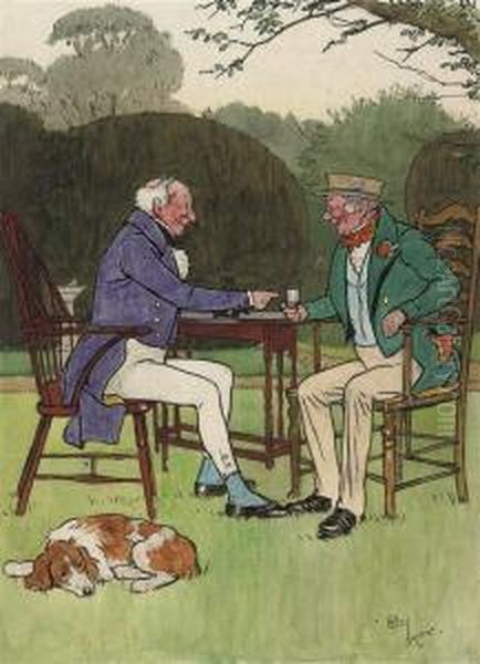 Two Gentlemen Enjoying A Drink In The Garden Oil Painting by Cecil Charles Aldin