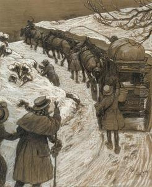 Driving The Coach Up The Snowy Lane Oil Painting by Cecil Charles Aldin