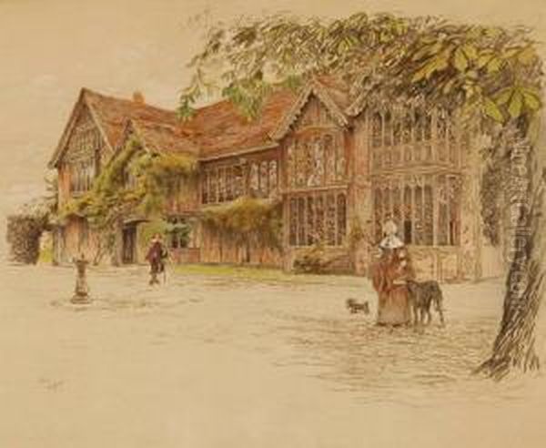 Figuresoutside An Elizabethan House Oil Painting by Cecil Charles Aldin