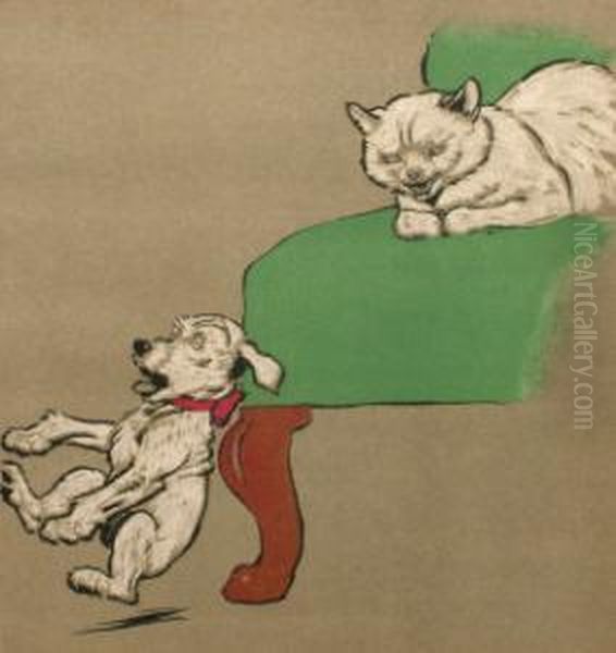 Cat And Dog By A Green Chair Oil Painting by Cecil Charles Aldin