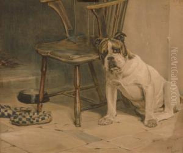 Bulldog Sat Beside Windsor Armchair Oil Painting by Cecil Charles Aldin