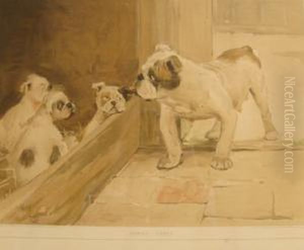 'family Cares', Depicting A Bulldog And Puppies Oil Painting by Cecil Charles Aldin